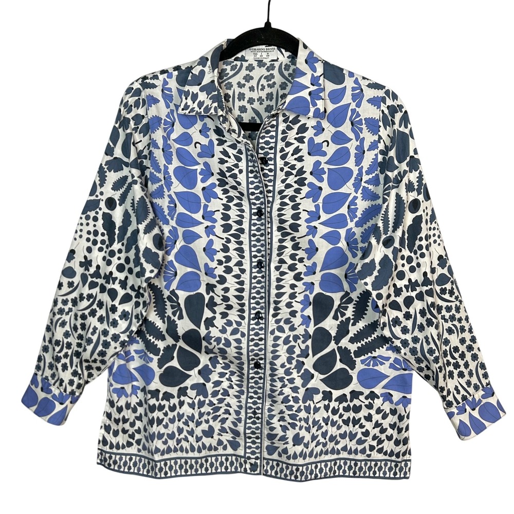 Averardo Bessi Top Women's size 12 Italy Vintage Floral Button up White Cotton